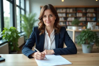 Femme en bureau vérifiant des documents de certification