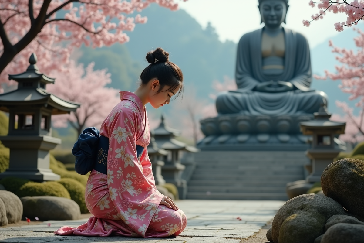 Jeune femme en kimono devant statue bouddhiste dans un jardin