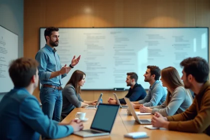 Formateur en technologie devant &eacute;tudiants en classe moderne
