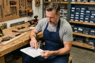 Homme adulte en tablier étudiant un livret de formation bricolage certifiante dans un atelier domestique bien rangé