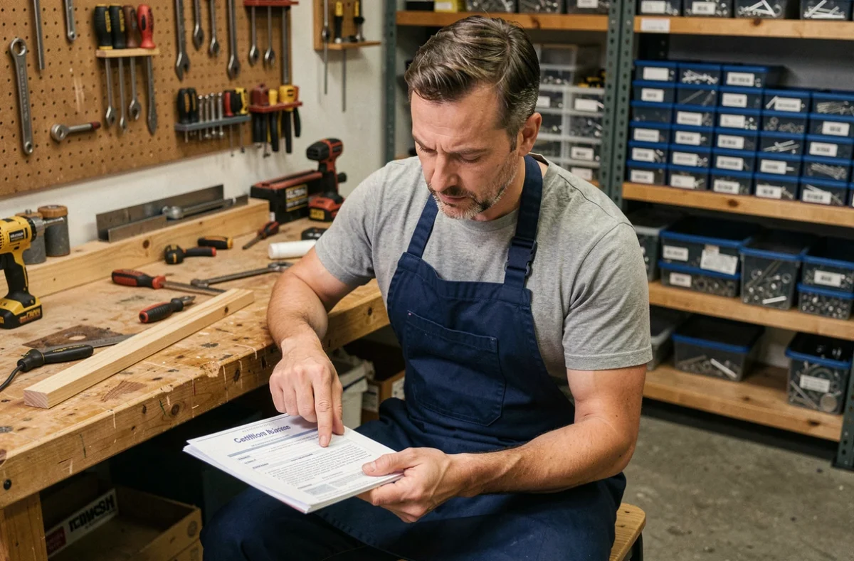 Homme adulte en tablier étudiant un livret de formation bricolage certifiante dans un atelier domestique bien rangé