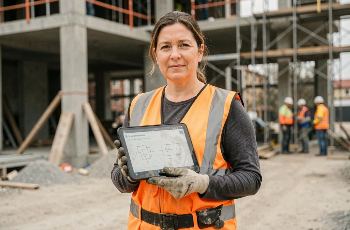 Femme professionnelle du BTP consultant une formation sur tablette sur un chantier de construction