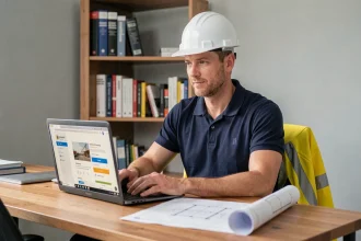 Professionnel du BTP en formation en ligne à son bureau avec ordinateur portable et casque de chantier