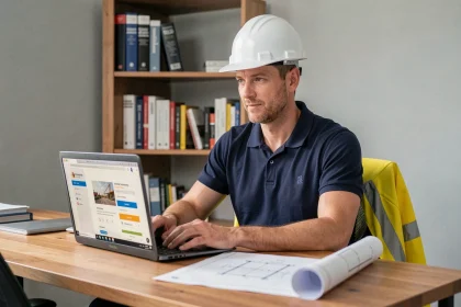 Professionnel du BTP en formation en ligne à son bureau avec ordinateur portable et casque de chantier