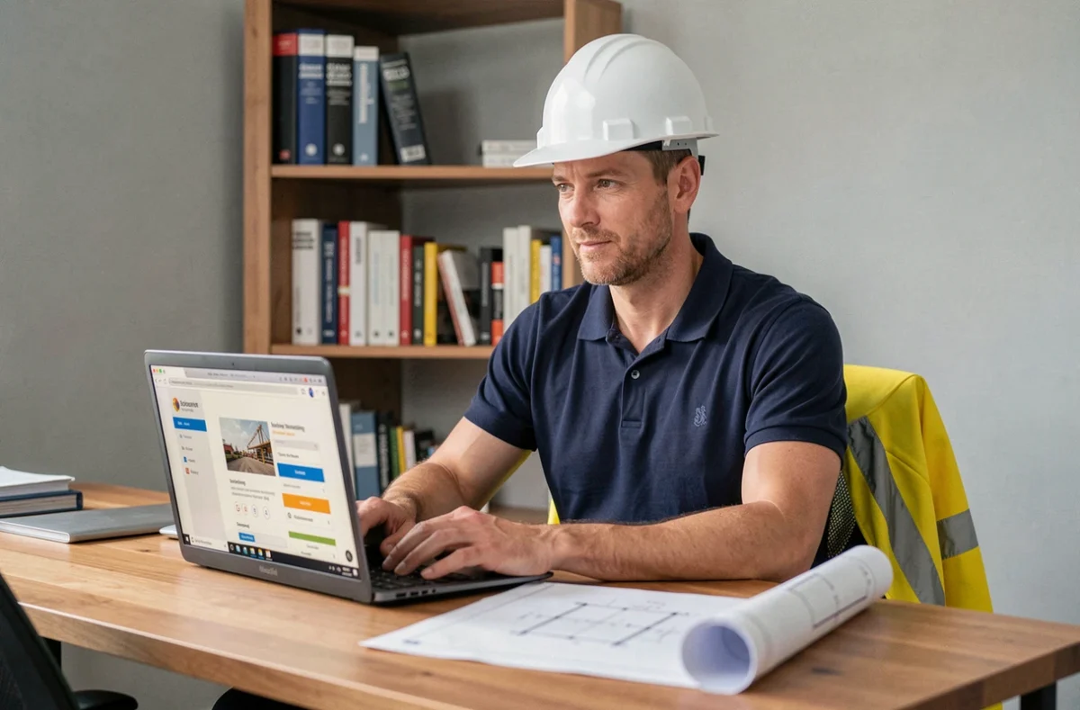 Professionnel du BTP en formation en ligne à son bureau avec ordinateur portable et casque de chantier