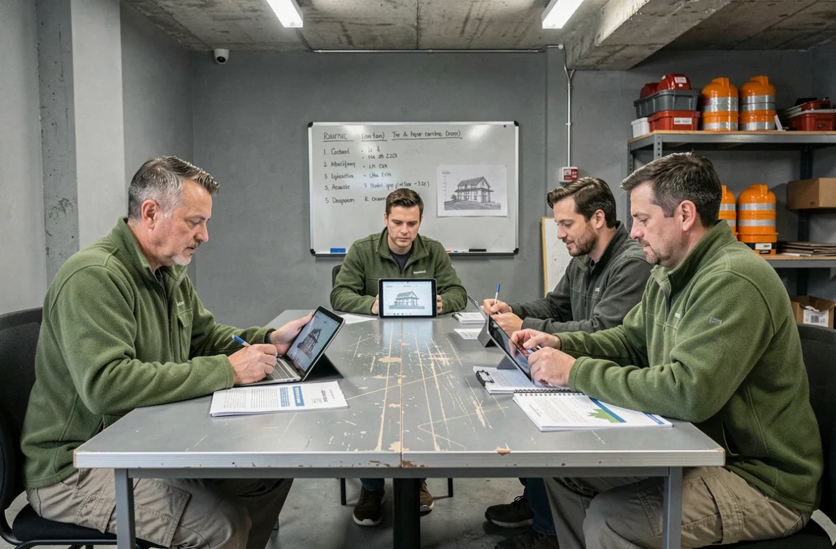 Session de formation BTP en présentiel avec des stagiaires autour d'une table dans une salle professionnelle