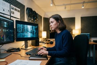 Étudiante en formation cinéma et audiovisuel travaillant sur le montage vidéo dans un studio professionnel après le bac