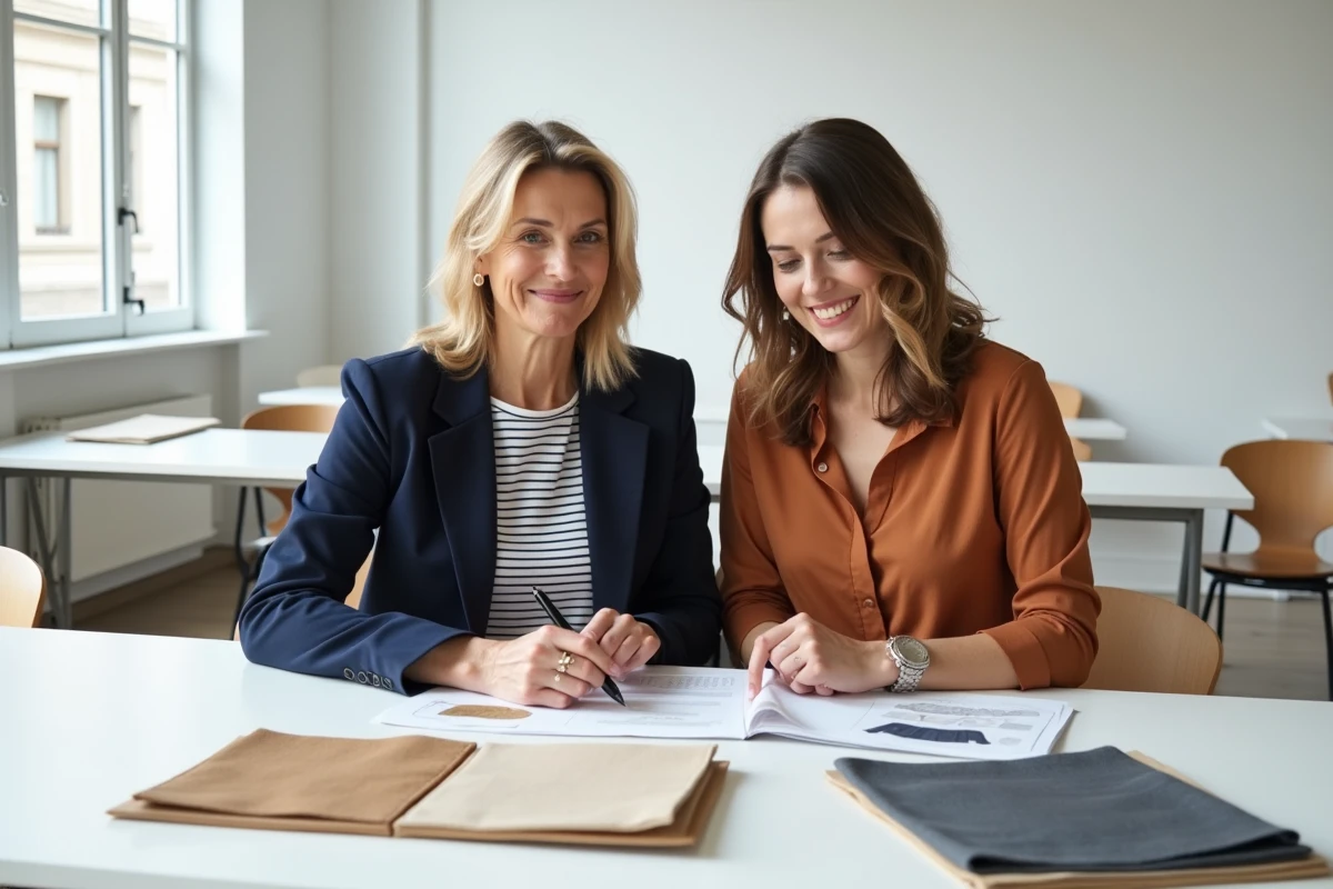 Deux étudiantes en formation de décoration intérieure révisant des portfolios de design et des échantillons de matériaux dans une salle de cours moderne