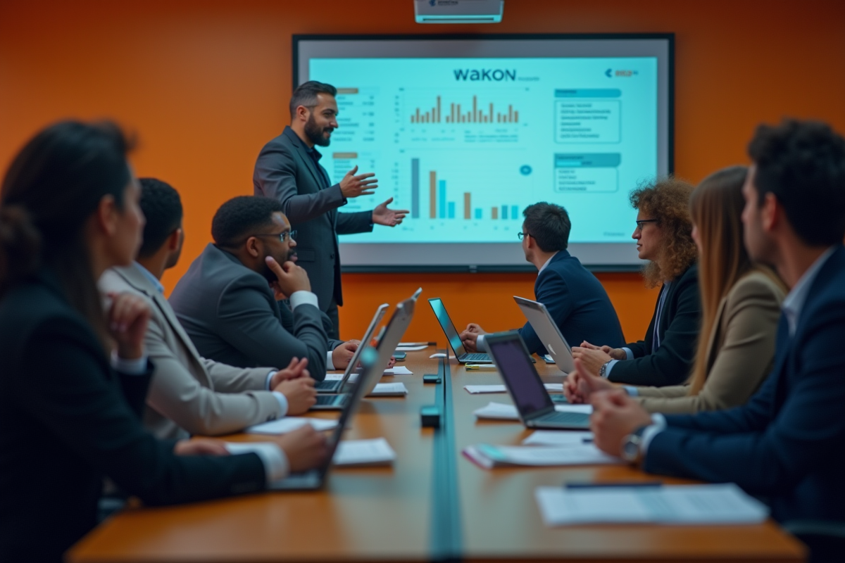 Groupe d adultes en formation avec ordinateur et graphiques financiers