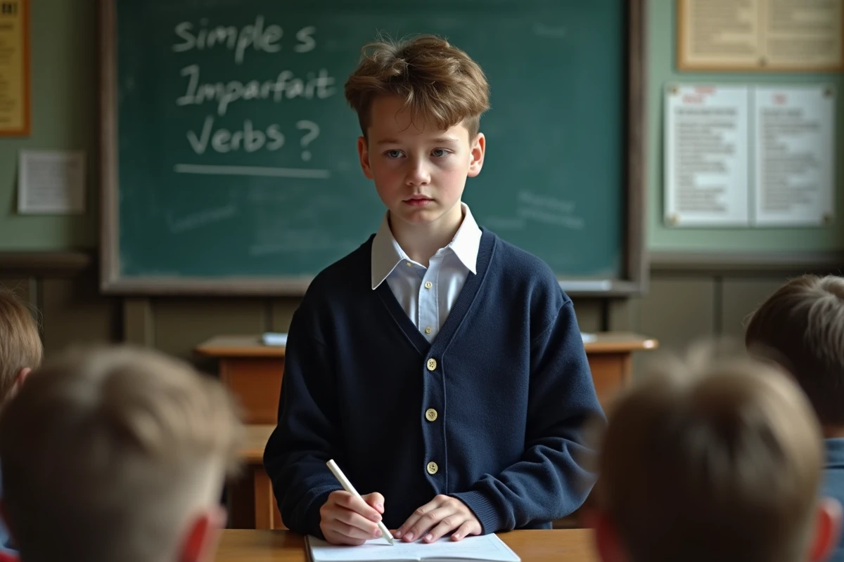 Gar&ccedil;on en classe devant un tableau de grammaire fran&ccedil;aise