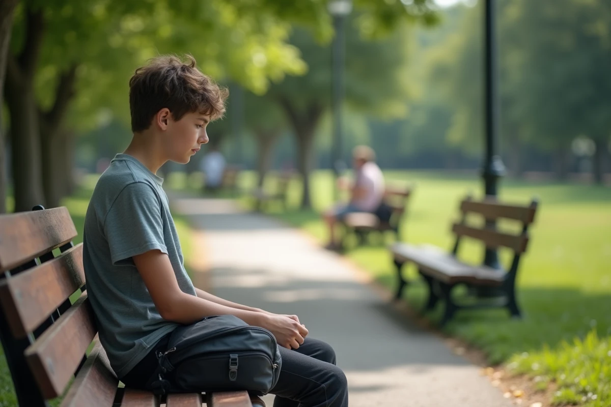Adolescent assis sur un banc de parc en tenue décontractée