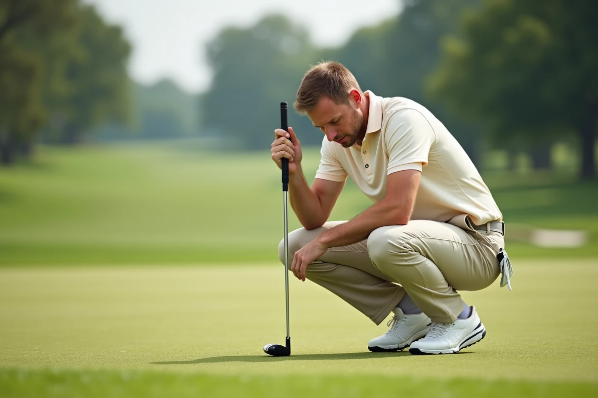 Golfeur consultant une fiche d'exercices de golf sur le fairway pour améliorer sa technique