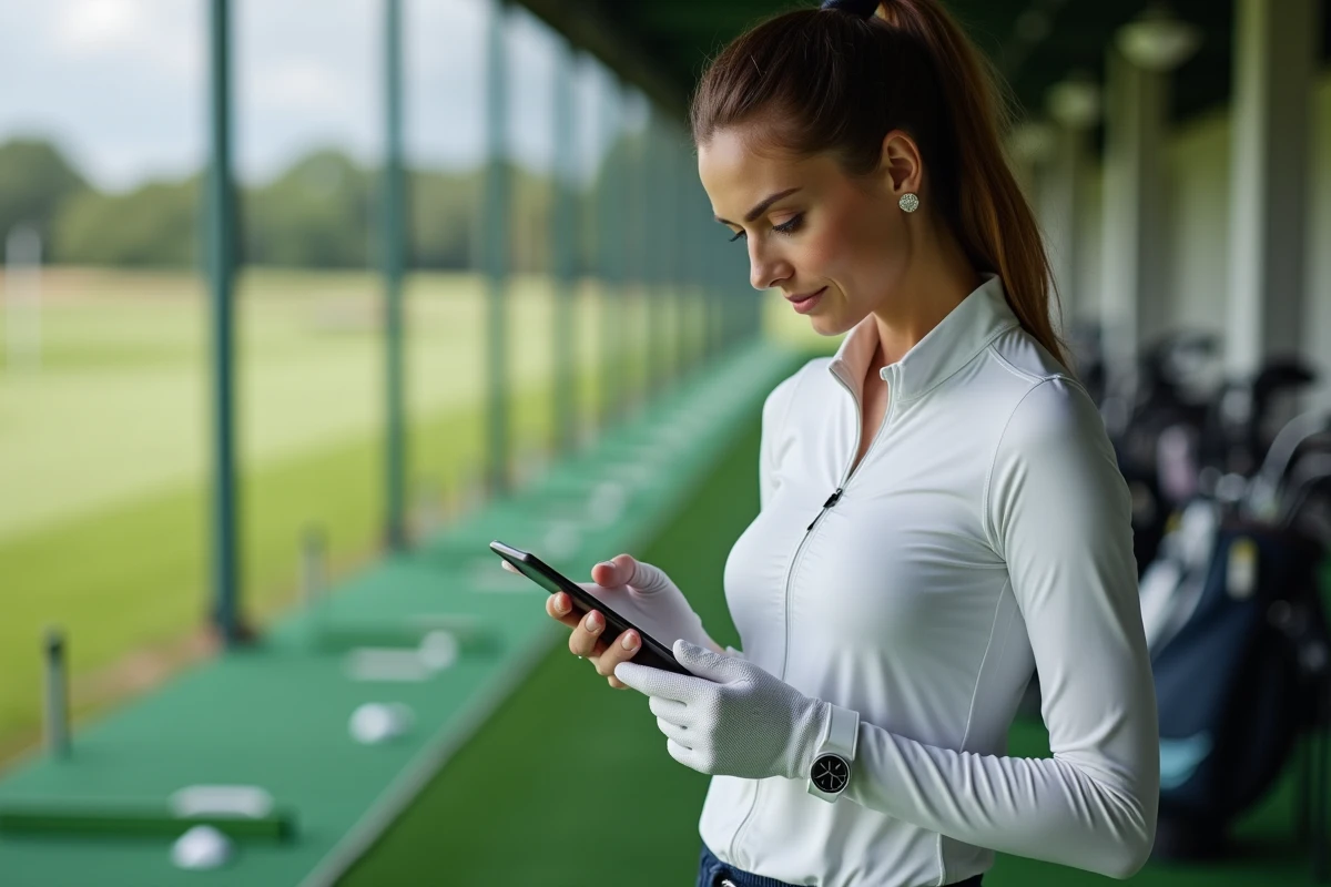 Golfeuse consultant une newsletter de golf sur son smartphone au practice pour suivre ses exercices