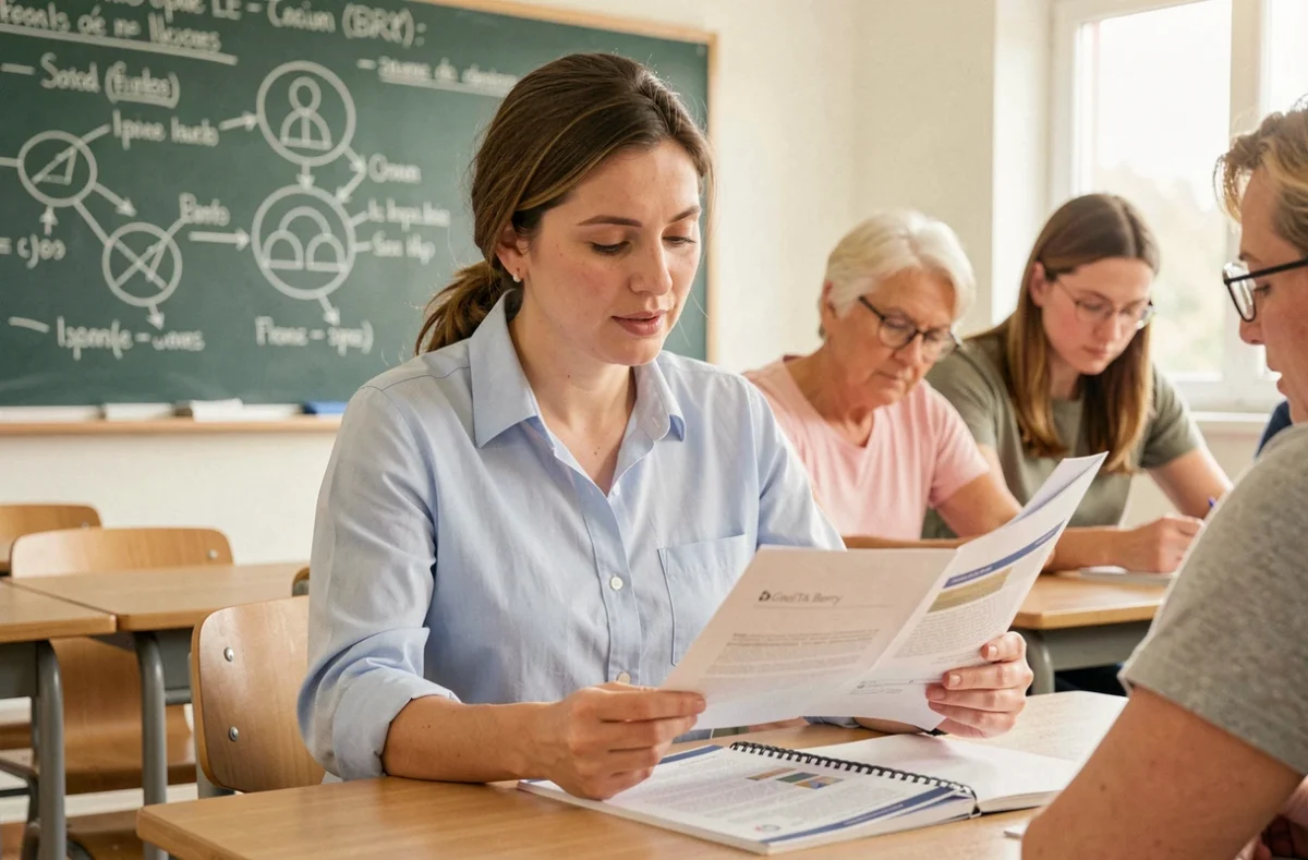 Apprenante du GRETA Berry révisant des documents de formation dans une salle de classe