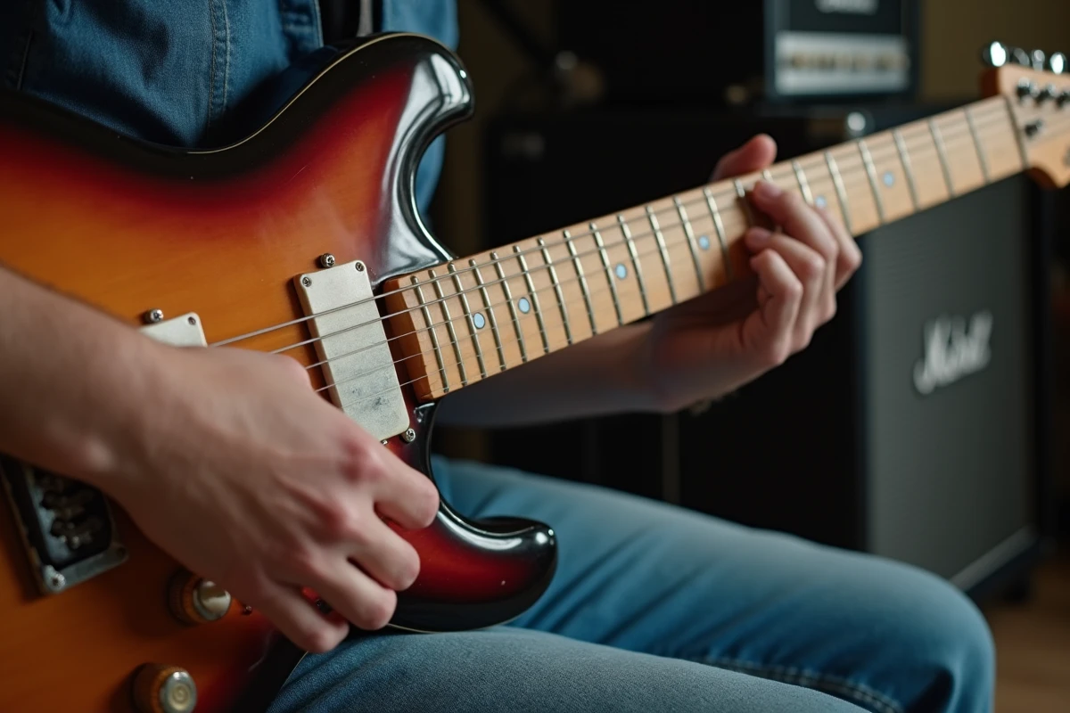 Gros plan sur des mains d'adulte formant l'accord Gm sur une guitare électrique sunburst vintage, doigts sur les frettes