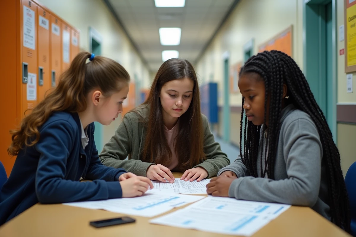 Trois lyc&eacute;ens discutant autour d une table dans le couloir de l &eacute;cole