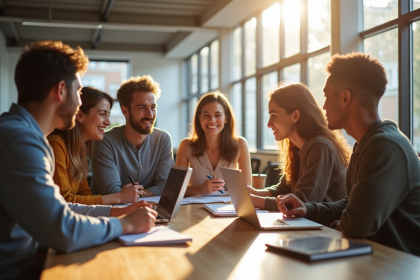 Groupe d'étudiants en anglais dans un espace de coworking lumineux