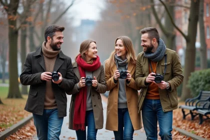 Quatre adultes souriants discutent avec leurs cam&eacute;ras dans un parc urbain