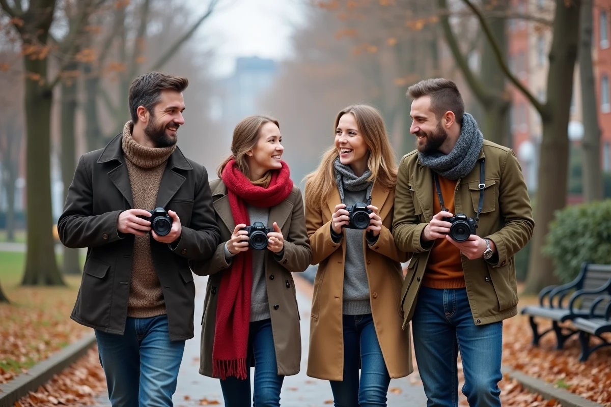 Quatre adultes souriants discutent avec leurs caméras dans un parc urbain
