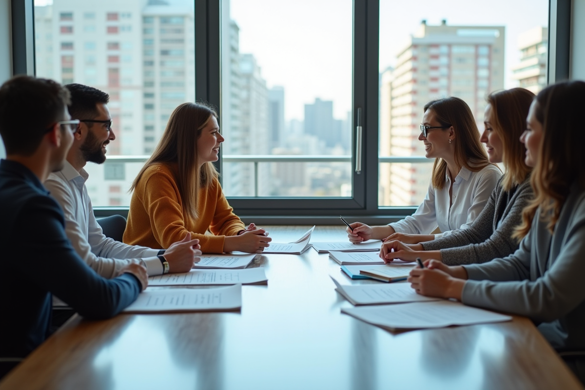 Groupe diversifié en séance de coaching collaboratif