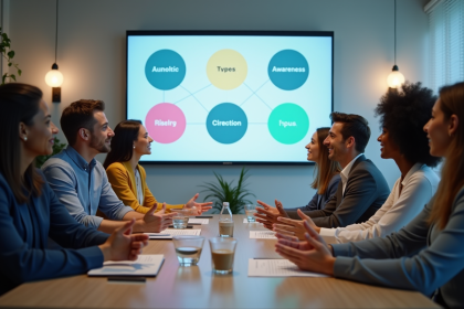 Groupe de personnes discutant autour d'une table avec infographies en arrière-plan