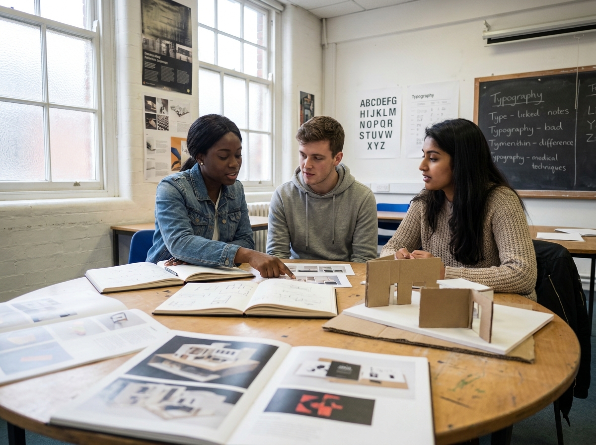 Groupe d'étudiants en critique de portfolio durant une année de mise à niveau en arts appliqués dans une salle de classe créative