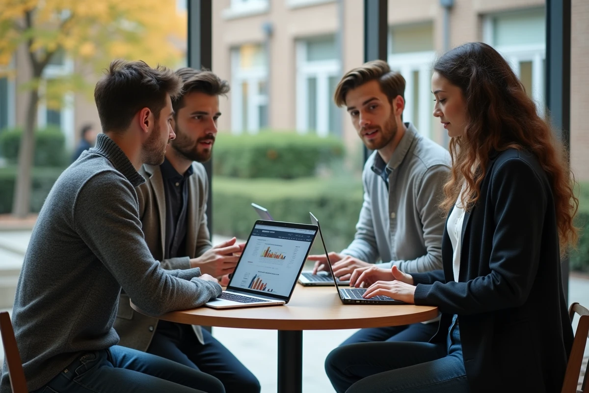 Groupe d'étudiants discutant des résultats et du classement SIGEM avant les oraux dans un espace commun de campus
