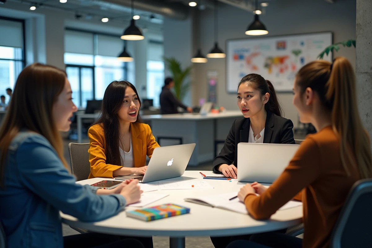 Groupe d'étudiants en discussion dans un laboratoire d'innovation