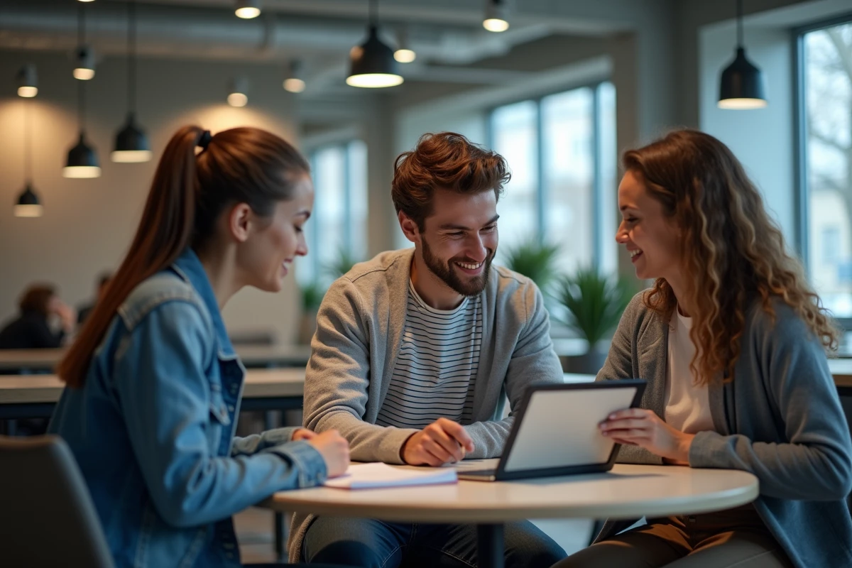 Groupe d'étudiants consultant des vidéos et supports de cours téléchargeables sur Moodle dans un espace de coworking universitaire