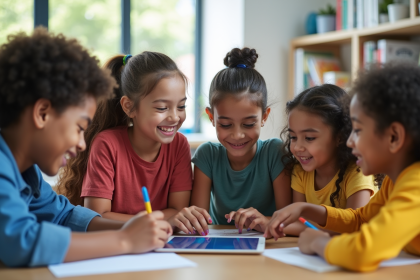 Groupe d'étudiants utilisant une tablette en classe
