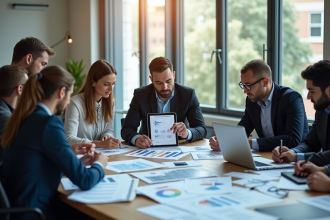 Groupe de professionnels discutant autour d'une checklist numérique