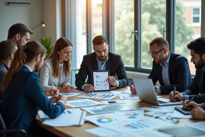 Groupe de professionnels discutant autour d'une checklist numérique