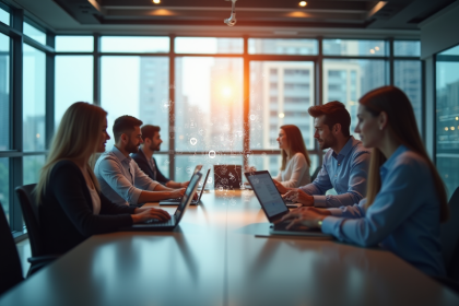 Groupe de professionnels en réunion avec hologrammes de mots clés