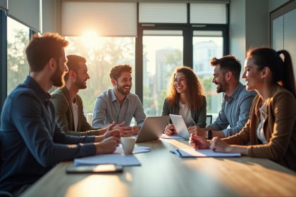 Groupe de professionnels collaborant dans un bureau lumineux