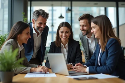 Groupe de professionnels divers discutant autour d'un ordinateur