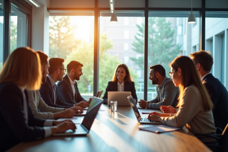 Groupe de professionnels en formation dans un bureau moderne