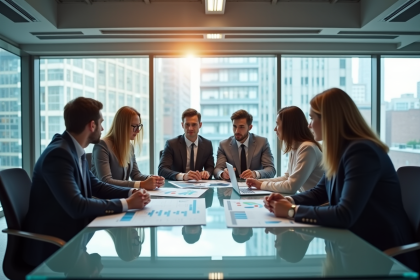 Groupe de professionnels en réunion dans un bureau lumineux