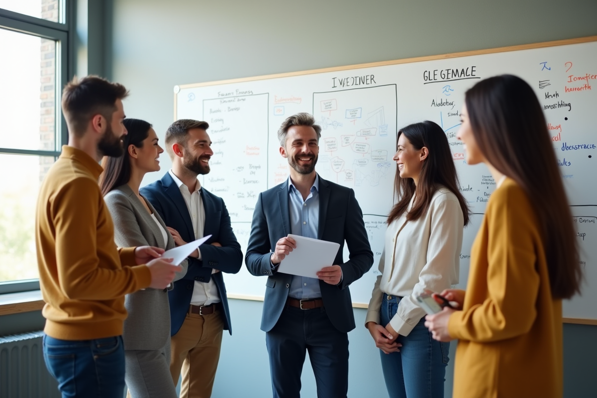 Groupe de stagiaires discutant devant un tableau blanc