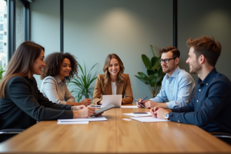 Groupe diversifié en réunion de travail en bureau moderne