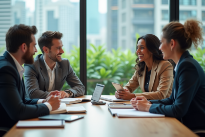 Groupe de quatre adultes en réunion de travail dans un bureau moderne