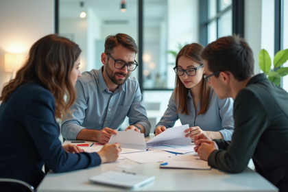 Groupe de tuteurs discutant de paiements dans un bureau lumineux
