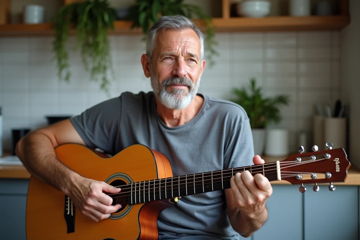 Homme d'âge moyen apprenant l'accord Gm sur une guitare acoustique dreadnought dans une cuisine, technique de doigté visible