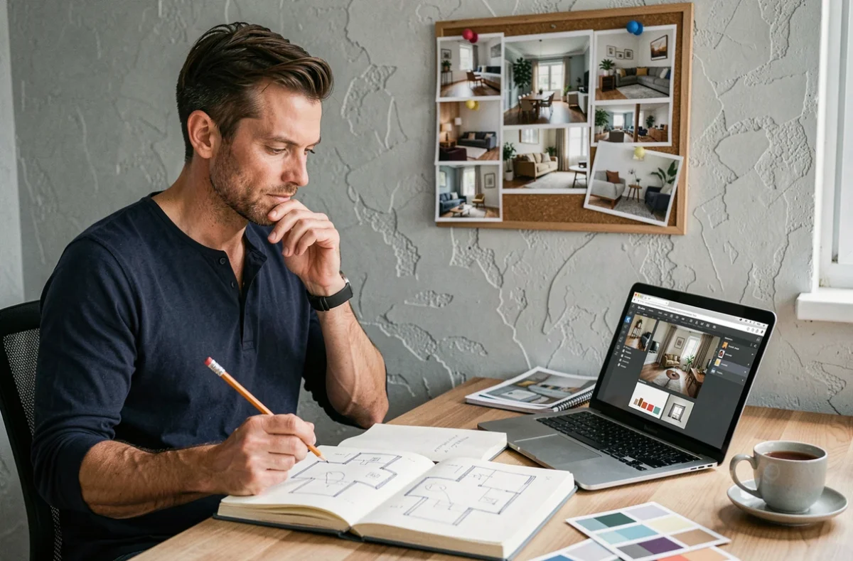 Homme adulte en reconversion professionnelle travaillant sur des esquisses de décoration intérieure à son bureau avec sketchbook et ordinateur portable