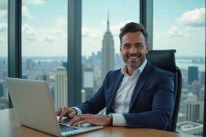 Homme d'affaires en costume dans un bureau moderne avec vue urbaine