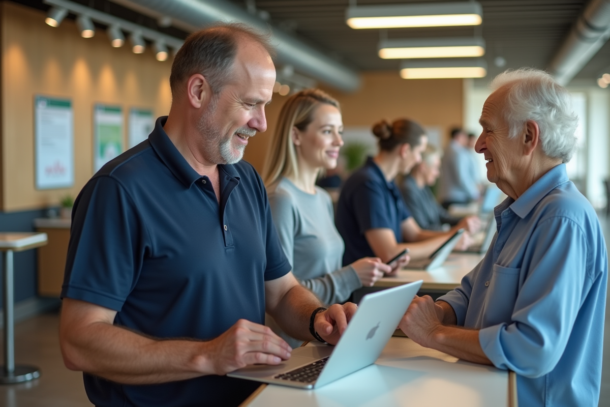 Homme aidant un client avec une tablette dans un centre public