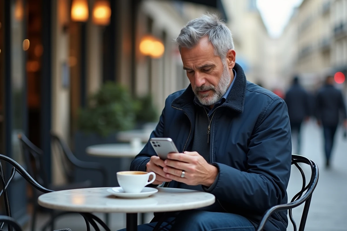 Homme consultant des avis en ligne sur des formations professionnelles depuis son smartphone dans un café parisien