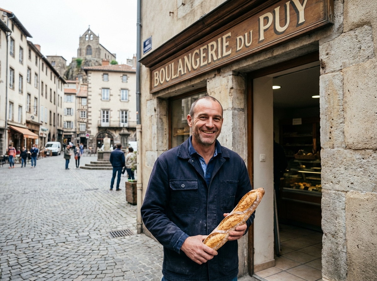 Homme souriant devant une boulangerie artisanale à PuyenVelay