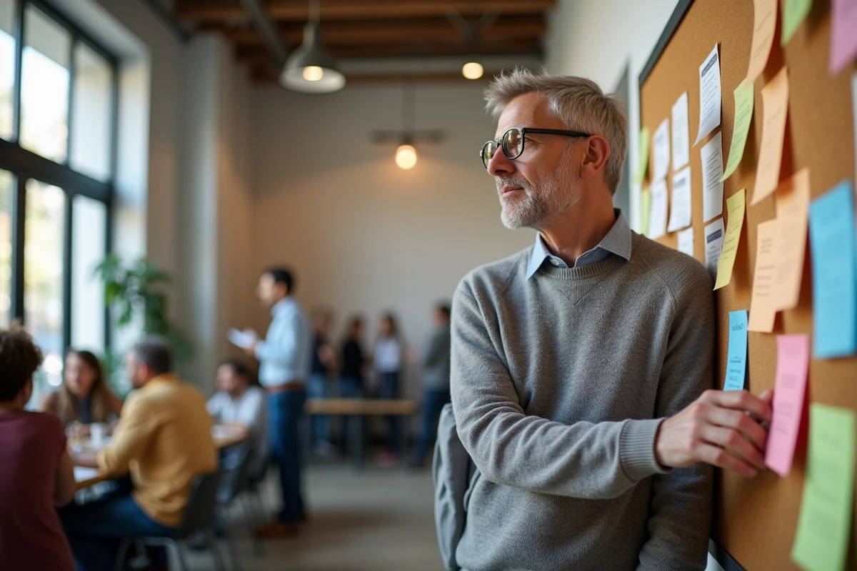 Homme consultant un tableau de notes color&eacute;es