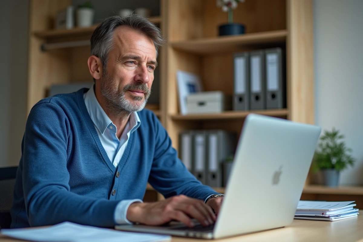 Homme d'âge moyen au bureau avec ordinateur portable