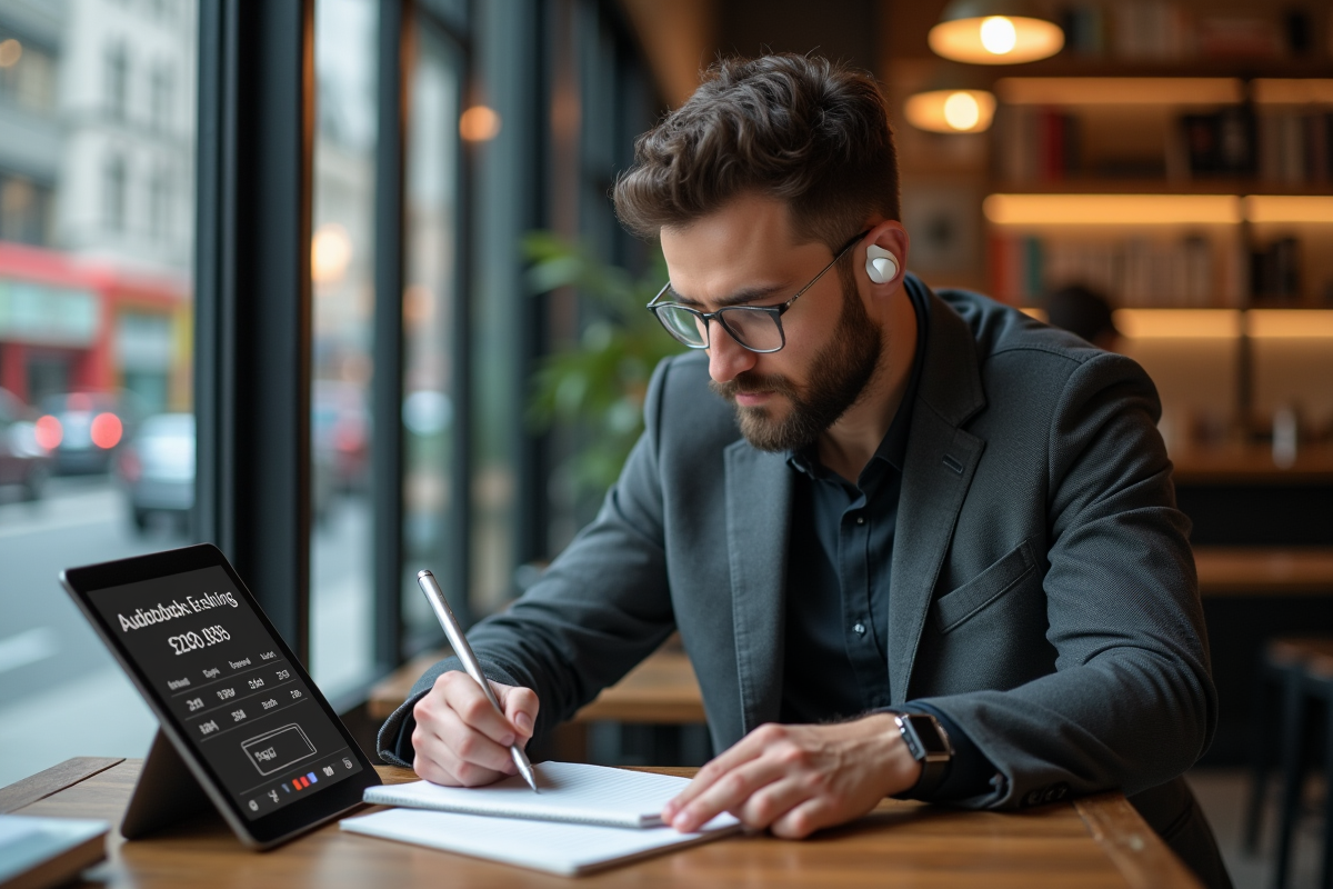 Homme au café consultant ses statistiques d